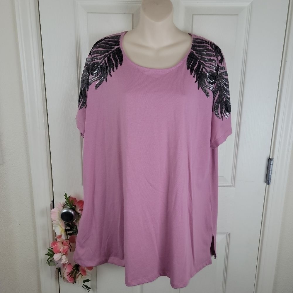 Roaman's peacock feather sequin drop sleeve t-shirt top 18/20